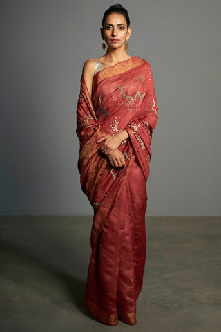 Saksham & Neharicka-Red Embroidered Tusser Silk Saree-INDIASPOPUP.COM