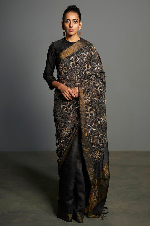 Saksham & Neharicka-Black Embroidered Tusser Silk Saree-INDIASPOPUP.COM