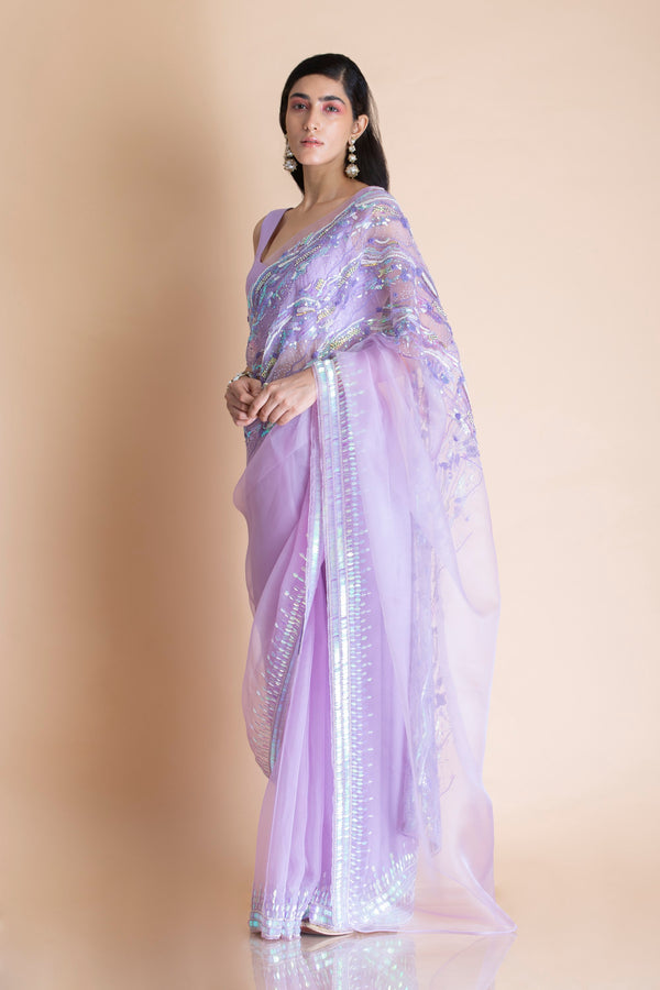 Saksham & Neharicka-Lavender Embroidered Silk Organza Saree-INDIASPOPUP.COM