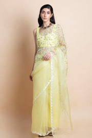 Saksham & Neharicka-Lime Yellow Embroidered Silk Organza Saree-INDIASPOPUP.COM