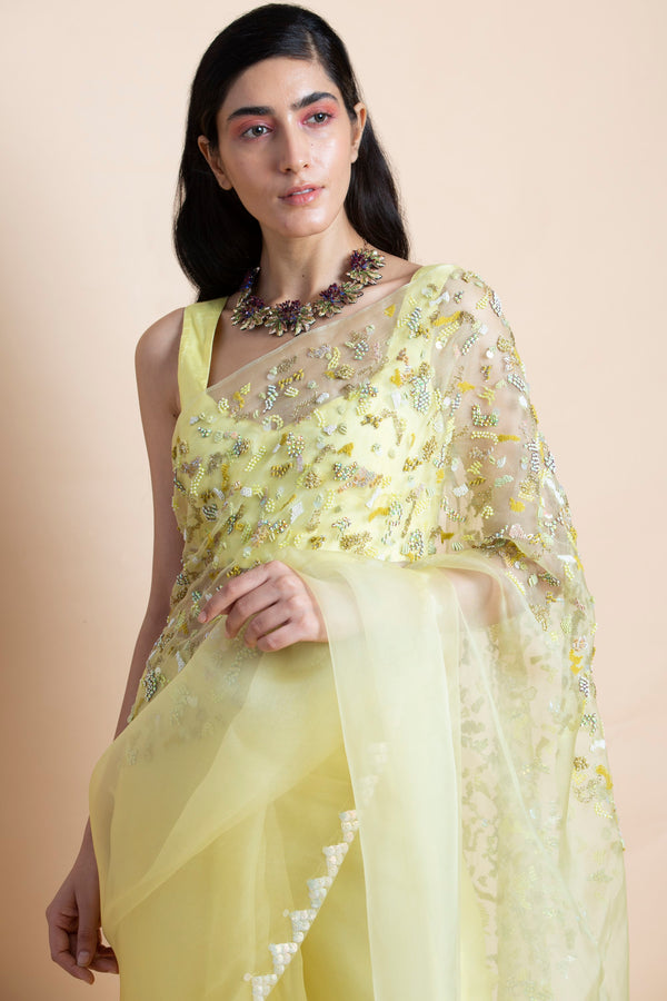 Saksham & Neharicka-Lime Yellow Embroidered Silk Organza Saree-INDIASPOPUP.COM