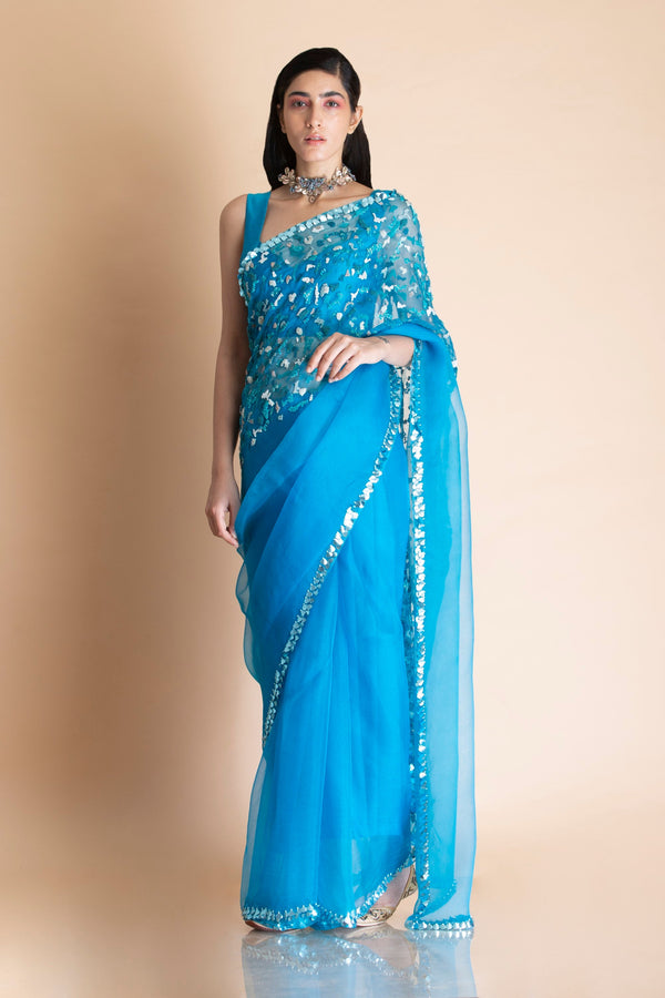 Saksham & Neharicka-Azure Blue Embroidered Silk Organza Saree-INDIASPOPUP.COM