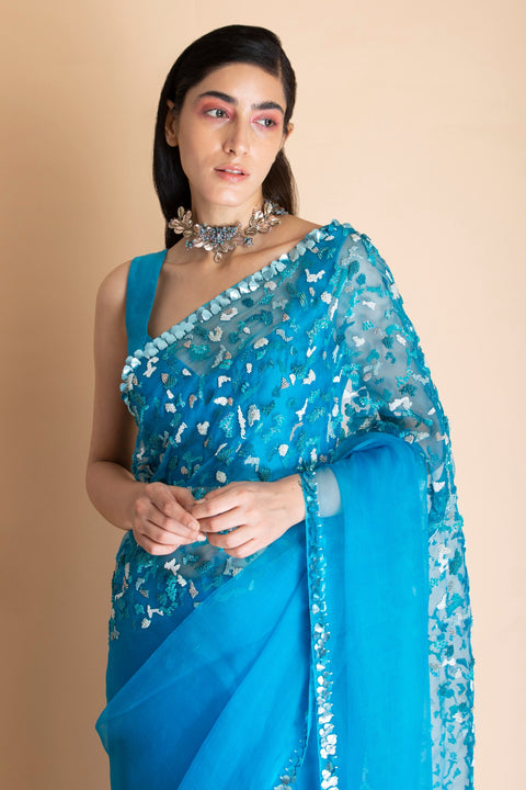 Saksham & Neharicka-Azure Blue Embroidered Silk Organza Saree-INDIASPOPUP.COM