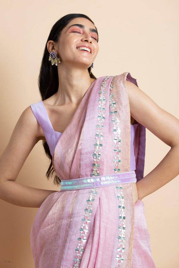 Saksham & Neharicka-Lilac Embroidered Linen Silk Saree-INDIASPOPUP.COM