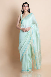 Saksham & Neharicka-Mint Embroidered Linen Silk Saree-INDIASPOPUP.COM