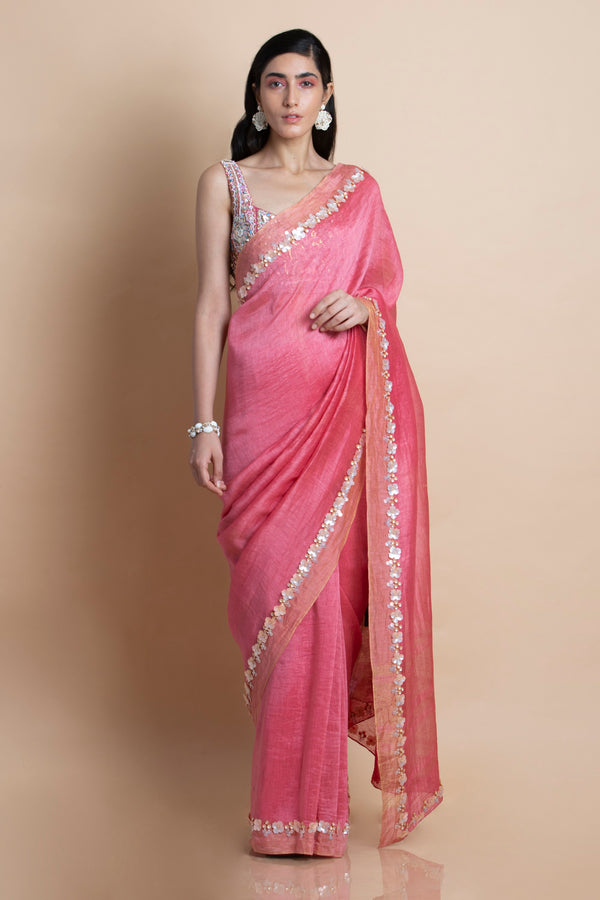 Saksham & Neharicka-Pink Embroidered Linen Silk Saree-INDIASPOPUP.COM