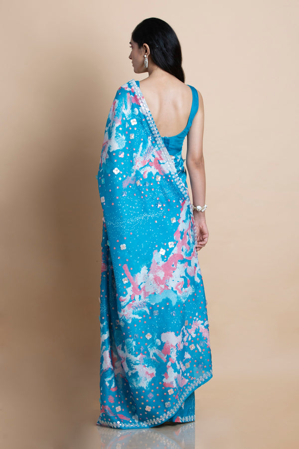 Saksham & Neharicka-Blue Printed & Embroidered Saree-INDIASPOPUP.COM