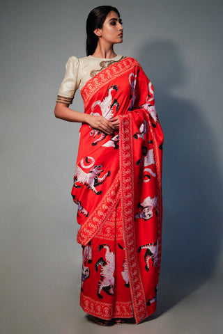 Saksham & Neharicka-Red Printed Rani Saree-INDIASPOPUP.COM