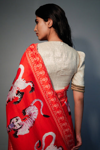 Saksham & Neharicka-Red Printed Rani Saree-INDIASPOPUP.COM