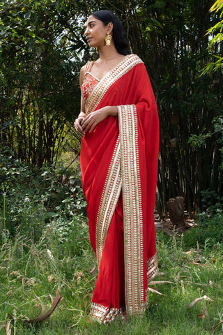 Saksham & Neharicka-Sindoori Laal Hand Saree With Unstitched Blouse-INDIASPOPUP.COM