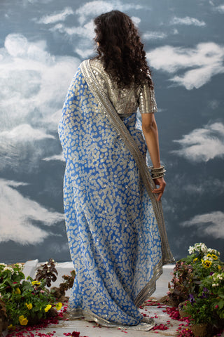 Saksham & Neharicka-Blue Printed Sari With Unstitched Blouse-INDIASPOPUP.COM