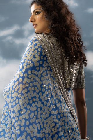 Saksham & Neharicka-Blue Printed Sari With Unstitched Blouse-INDIASPOPUP.COM