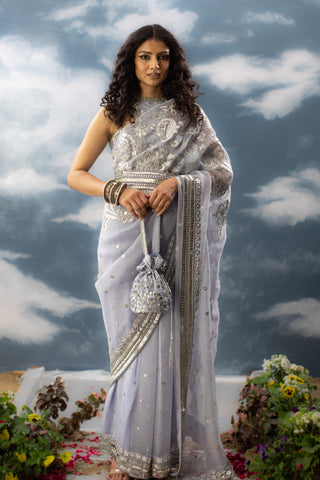Saksham & Neharicka-Ice Blue Patchwork Sari And Unstitched Blouse-INDIASPOPUP.COM