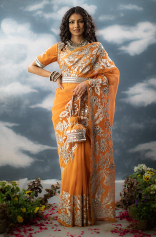 Saksham & Neharicka-Orange Embroidered Sari And Unstitched Blouse-INDIASPOPUP.COM