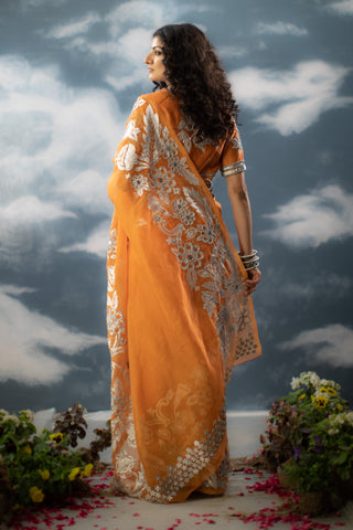 Saksham & Neharicka-Orange Embroidered Sari And Unstitched Blouse-INDIASPOPUP.COM