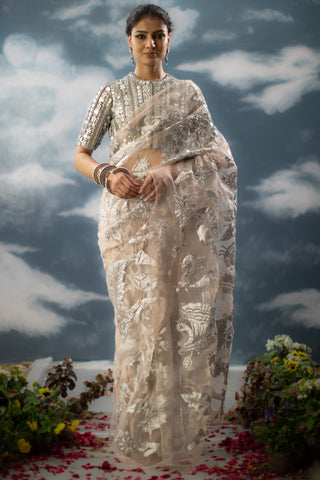 Saksham & Neharicka-Peach Patchwork Sari With Unstitched Blouse-INDIASPOPUP.COM