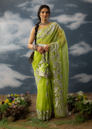 Saksham & Neharicka-Green Embroidered Sari With Unstitched Blouse-INDIASPOPUP.COM