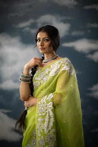 Saksham & Neharicka-Green Embroidered Sari With Unstitched Blouse-INDIASPOPUP.COM