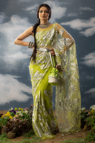 Saksham & Neharicka-Green Patchwork Sari With Unstitched Blouse-INDIASPOPUP.COM