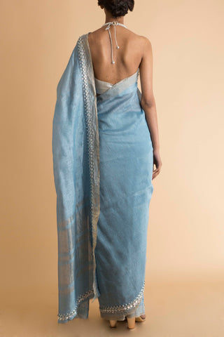 Saksham & Neharicka - Blue Embroidered Linen Silk Saree - INDIASPOPUP.COM