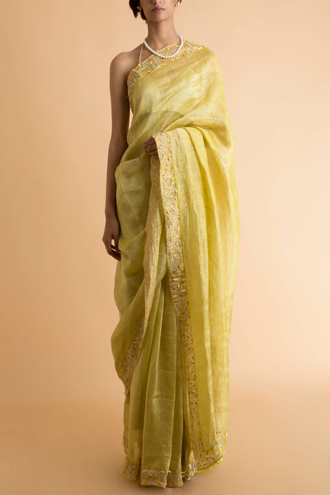 Saksham & Neharicka - Yellow Embroidered Linen Silk Saree - INDIASPOPUP.COM
