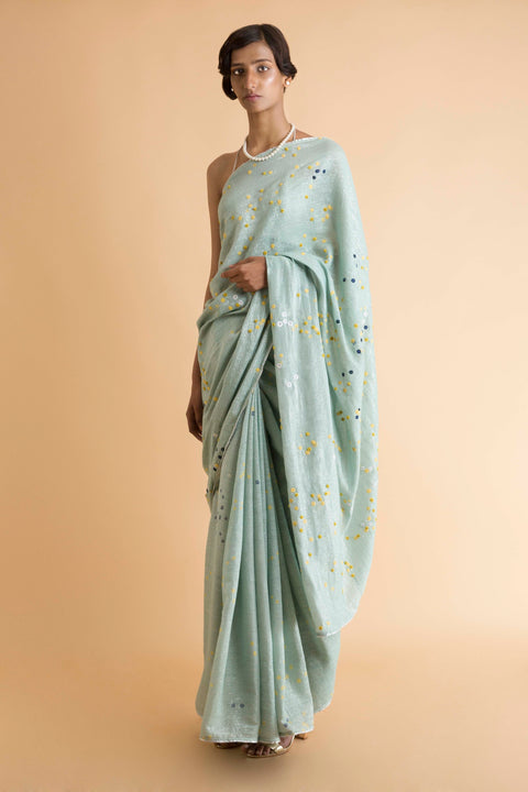 Saksham & Neharicka - Mint Printed & Embroidered Saree - INDIASPOPUP.COM