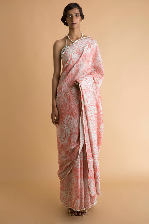 Saksham & Neharicka - Coral Printed & Embroidered Saree - INDIASPOPUP.COM