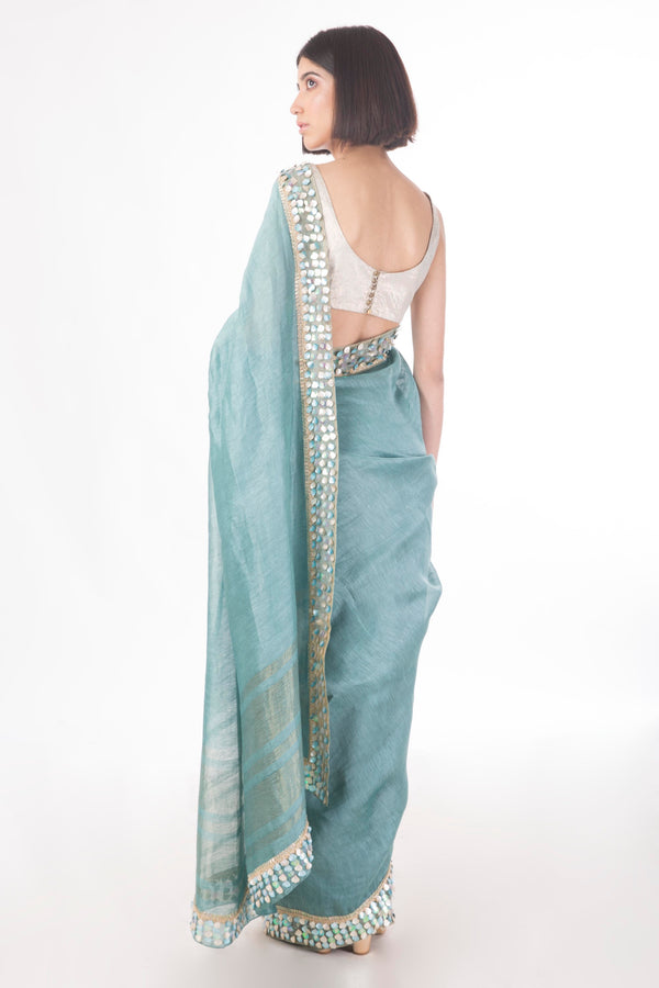 Saksham & Neharicka - Teal Embroidered Linen Silk Saree - INDIASPOPUP.COM