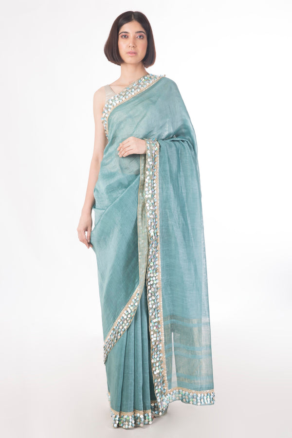 Saksham & Neharicka - Teal Embroidered Linen Silk Saree - INDIASPOPUP.COM
