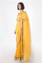 Saksham & Neharicka - Yellow Embroidered Linen Silk Saree - INDIASPOPUP.COM