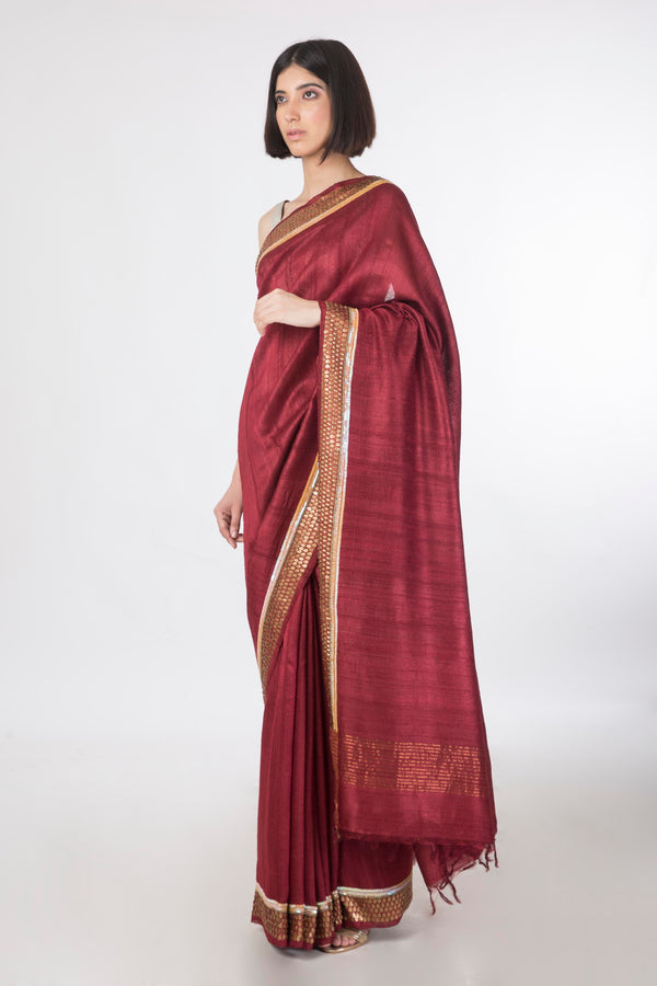 Saksham & Neharicka - Maroon Embroidered Tusser Silk Saree - INDIASPOPUP.COM