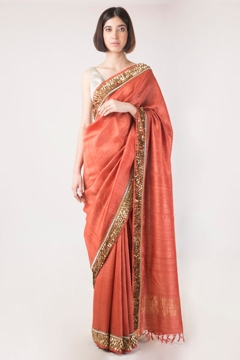 Saksham & Neharicka - Rust Embroidered Tusser Silk Saree - INDIASPOPUP.COM