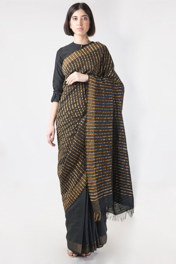 Saksham & Neharicka - Black Handwoven Ivory Silk Saree - INDIASPOPUP.COM