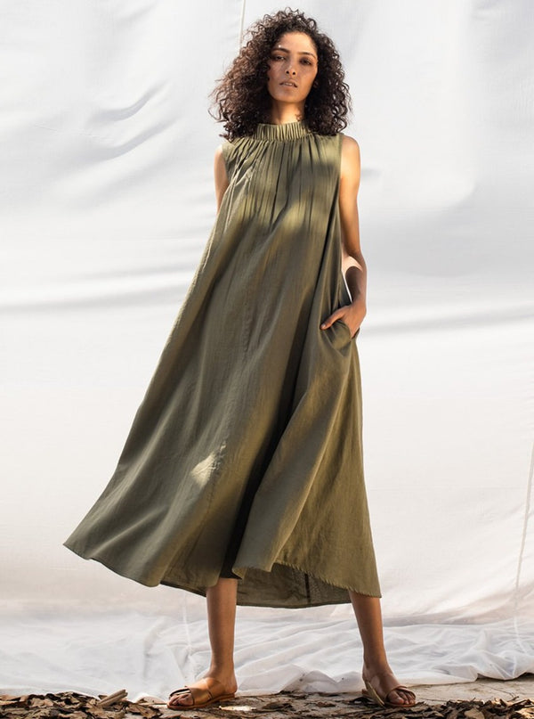 Khara Kapas-Green Tent Midi Dress-INDIASPOPUP.COM