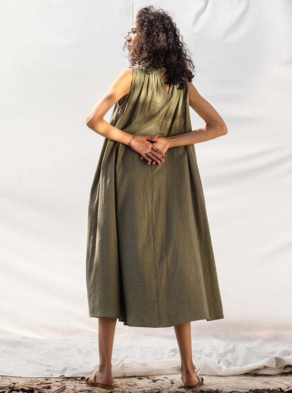 Khara Kapas-Green Tent Midi Dress-INDIASPOPUP.COM