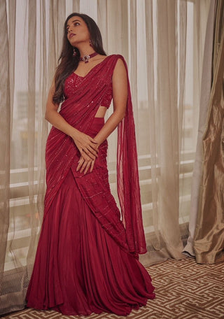 Ruby Oxblood Lehenga Saree Set