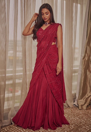 Ruby Oxblood Lehenga Saree Set