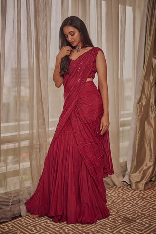 Ruby Oxblood Lehenga Saree Set