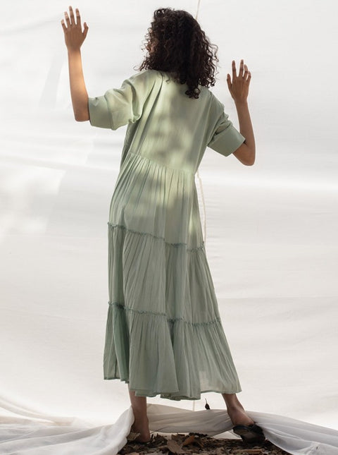 Khara Kapas-Green Tiered Midi Dress-INDIASPOPUP.COM