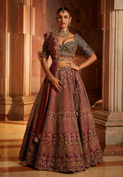 Nitika Gujral-Wine Tafetta Lehenga Set-INDIASPOPUP.COM