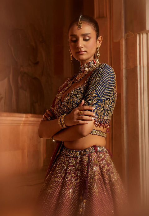 Nitika Gujral-Wine Tafetta Lehenga Set-INDIASPOPUP.COM