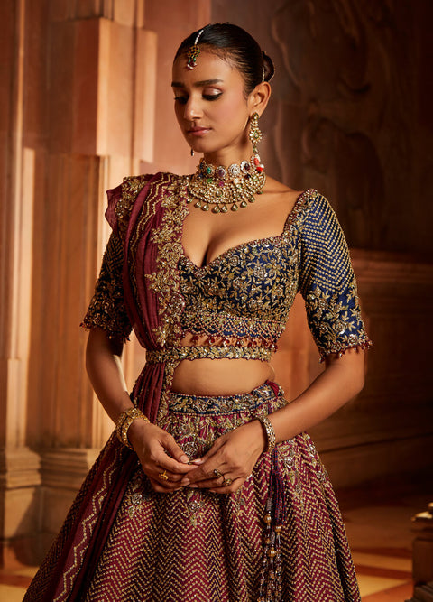 Nitika Gujral-Wine Tafetta Lehenga Set-INDIASPOPUP.COM