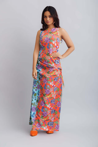 Nautanky-Flower Printed Color Block Ruched Dress-INDIASPOPUP.COM