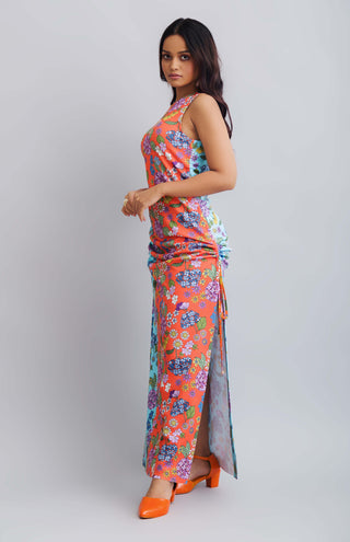 Nautanky-Flower Printed Color Block Ruched Dress-INDIASPOPUP.COM