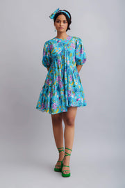 Nautanky-Turquoise Flower Printed Tier Dress-INDIASPOPUP.COM