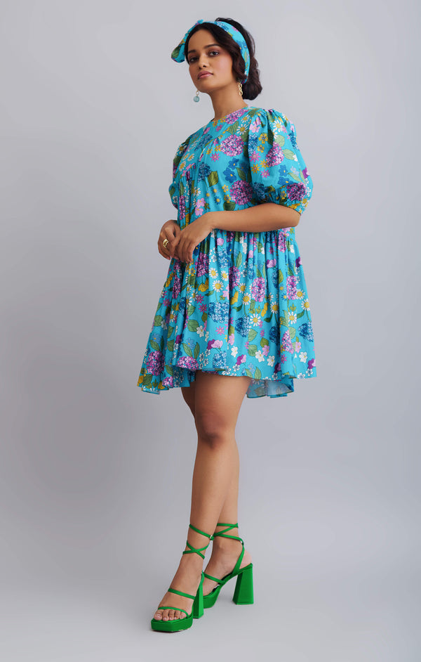 Nautanky-Turquoise Flower Printed Tier Dress-INDIASPOPUP.COM