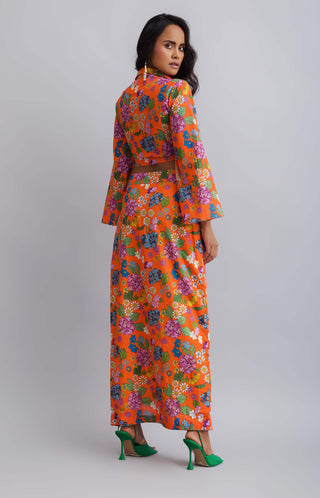 Nautanky-Flower Print Bell Sleeved Top With Slit Skirt-INDIASPOPUP.COM