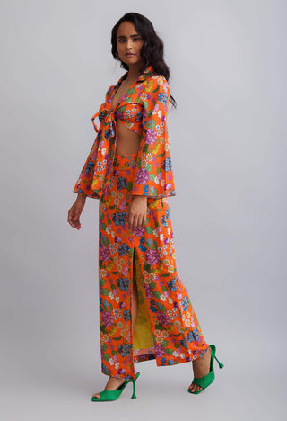 Nautanky-Flower Print Bell Sleeved Top With Slit Skirt-INDIASPOPUP.COM