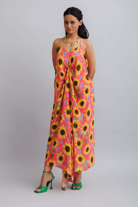 Nautanky-Sunflower Print Drape Dress-INDIASPOPUP.COM