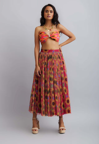 Nautanky-Sun Flower Tulle Skirt With Tie Up Bustier-INDIASPOPUP.COM